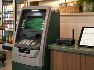 Retail ATM beside external monitoring equipment and an unlabeled uptime dashboard.