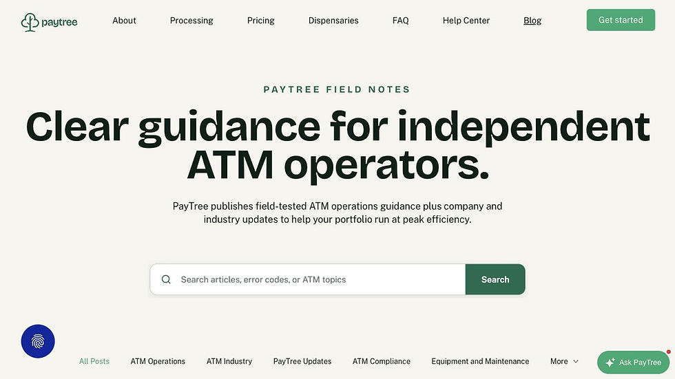 PayTree Field Notes landing page showing guidance for independent ATM operators