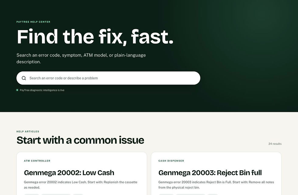 PayTree Help Center search interface for ATM error codes and operating problems.
