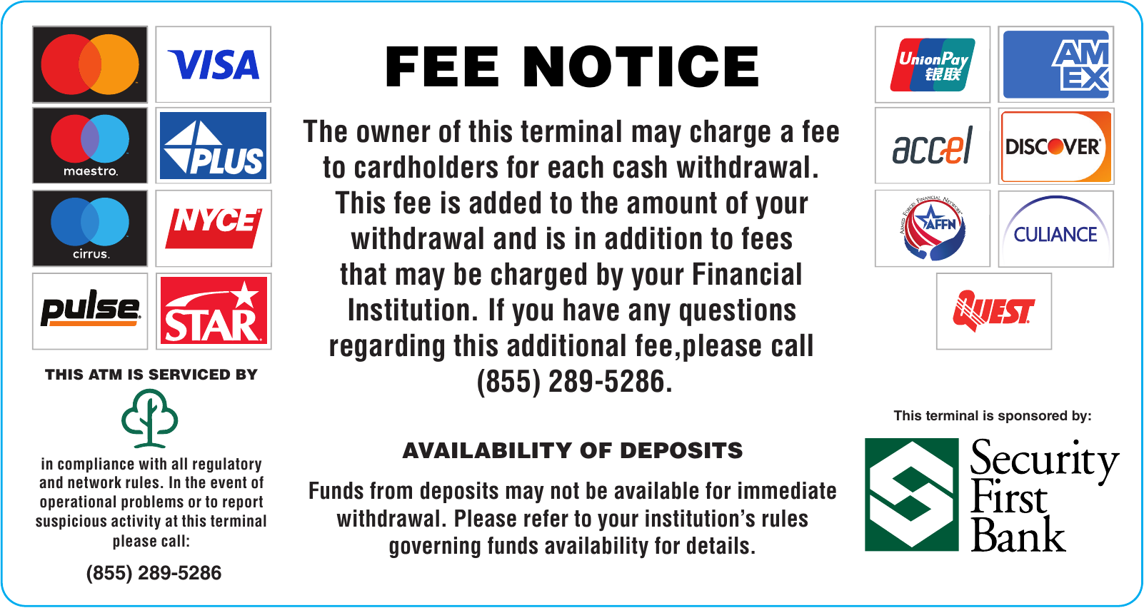 PayTree 8 by 4 inch network and fee notice decal