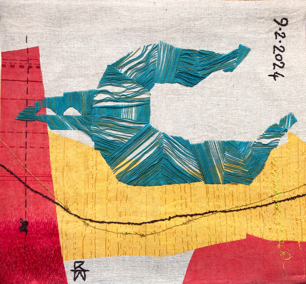 textile artwork. teal coloured bird in loosely stitched wool flies over gold and red graphic shapes which are painted then hand stitched in floss. background is natural linen