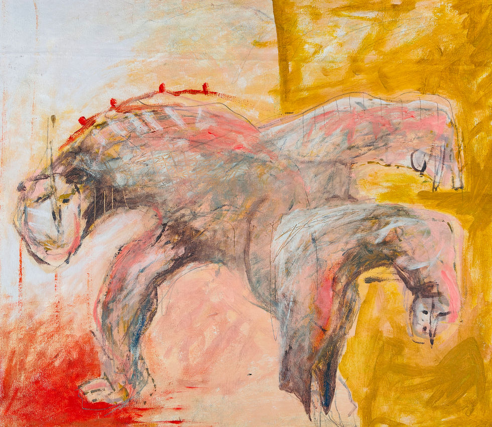 painting of a double headed beast in brown beige tones on peach, yellowy mustard and orange background.  style is loose and painterly with leg raised and is reminiscent of ancient cave paintings