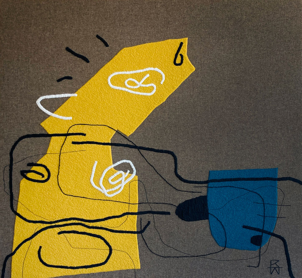 textile artwork a graphic shape of a horse in mustard on brown  with black and white line work representing the rider of the horse. 