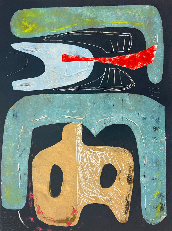 scupture-like figure in gold is overarched by teal coloured bridge, above this is a kind of a abstracted bird shape whcih is again overarched with a teal cloud like shape. backround is dark navy to black