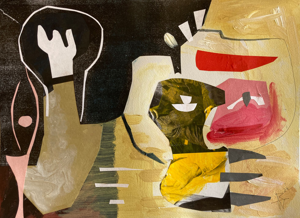 a collaged work in black and dirty yellows a three fingered hand reaches up from bottom left. with a white line halo. and pink eye symbol is next to it. this is on black ground . a face like appearnce is on the right hand side with athree fingered hand below it facing left to right. a red flag like shape is above. on a dirty yellow ares