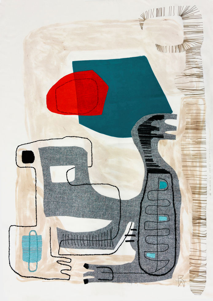 textile artwork. printed in beige on pale linen with grey teal and orage appliqué and hand stitched line work in black and blue. shapes are graphic reminiscent of cave paintings