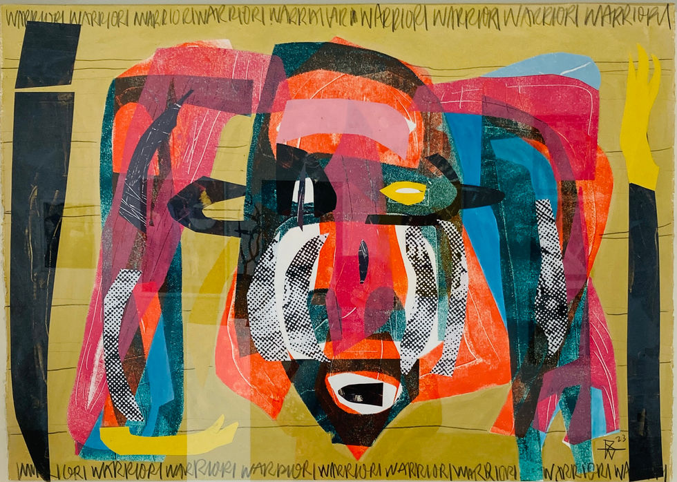 monkey like head and arms in multi coloured print and collage magenta, blue, dark green yellow on glod ground. text top and bottom reads 'warrior' on repeat