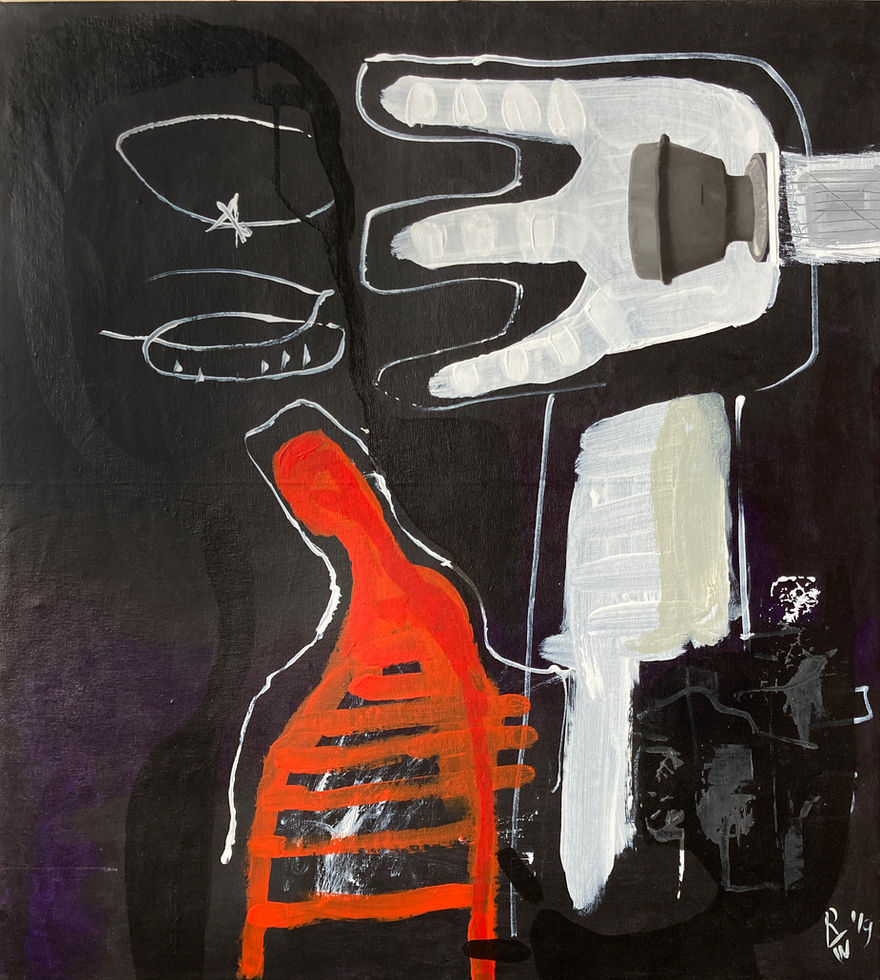 white hand enters from the right hand side over a red beacon some white line work all on a very dark purple to back ground. a small element of black and white collage in the palm of the hand