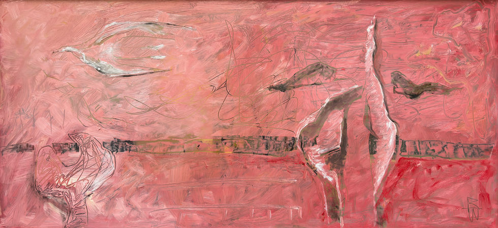 all in tones of pick a loose painting of two birds one standing one flying with a scratched horizon line.