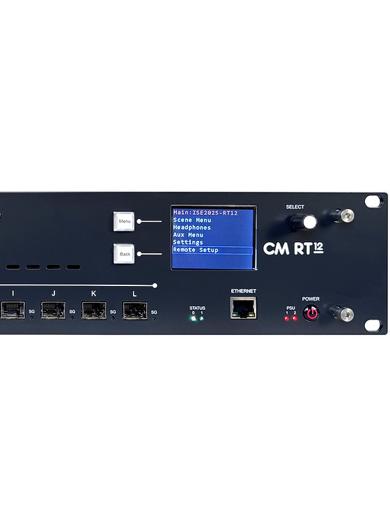 Cadac CM-RT12 front panel display with Scene Menu, Headphones, and Remote Setup options