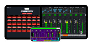 2 iPads and 1 iPhone showing screens from the new CM-Rack App, CM-Monitor App and CM-Remote App