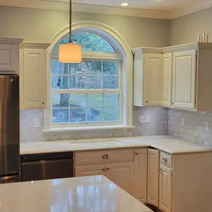 White Cabinets with Blue Island
