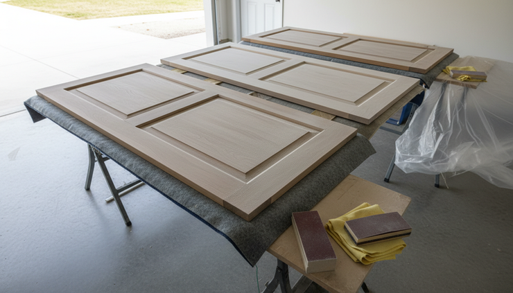 Eye-level view of cabinet doors laid flat for sanding and preparation