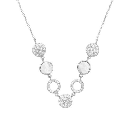 Silver Ladies Rh Plated Cz And Mother Of Pearl Necklet