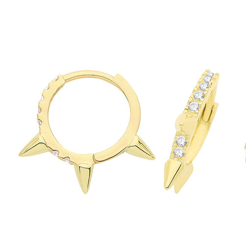 9 Ct Yel Gold 3 Spike Cz Hinged Earrings