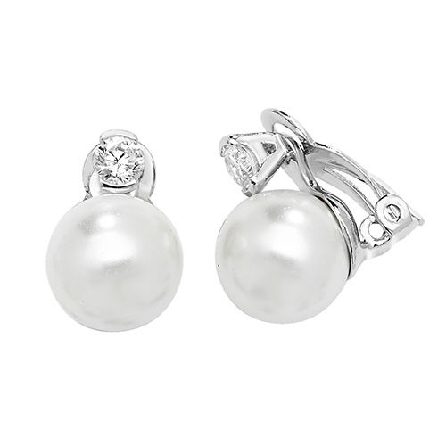 Silver Cz Pearl Rh Plated Clip On Earrings