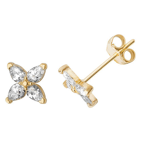 9 Ct Yel Gold Cz Four Petal Flower Stud Earrings