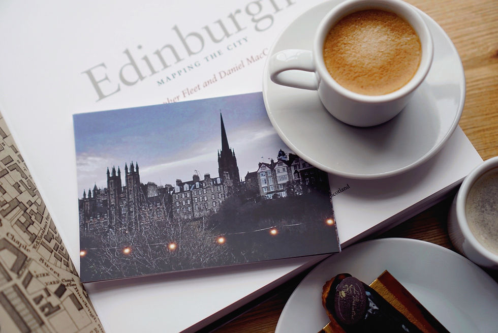 Thumbnail: Original photographic postcard of Edinburgh skyline in winter with fairy lights