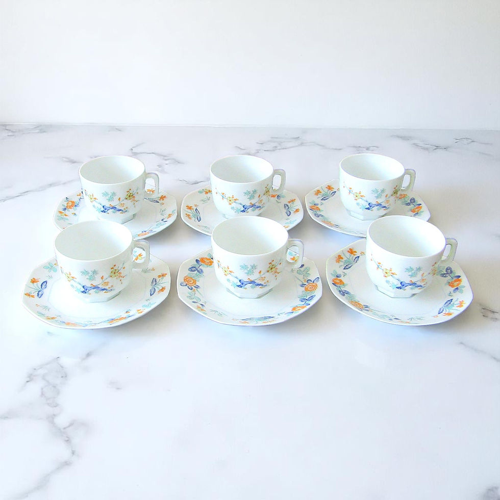 Miniature : Limoges Lafarge. Service thé café en porcelaine modèle Chants d'Oiseaux