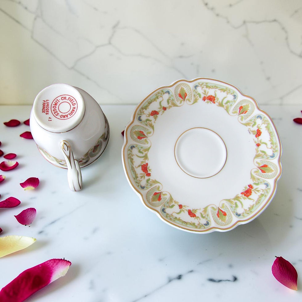 Tasse à café avec soucoupe en porcelaine de Limoges Haviland modèle Mozart Chantoung décor floral et motifs orientaux avec