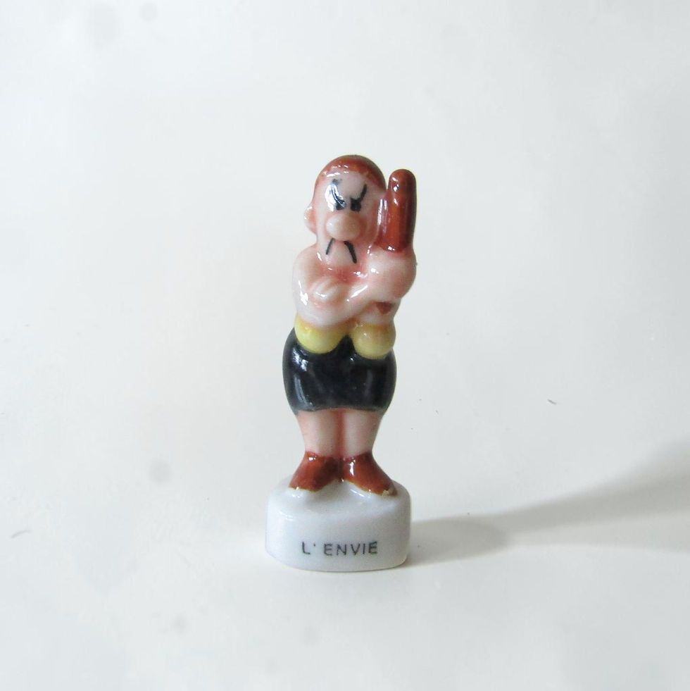 Miniature : Fèves en porcelaine brillante représentant la série « 7 Péchés Capitaux » (Éditions Alcara, 1999), composée de 7 figurines