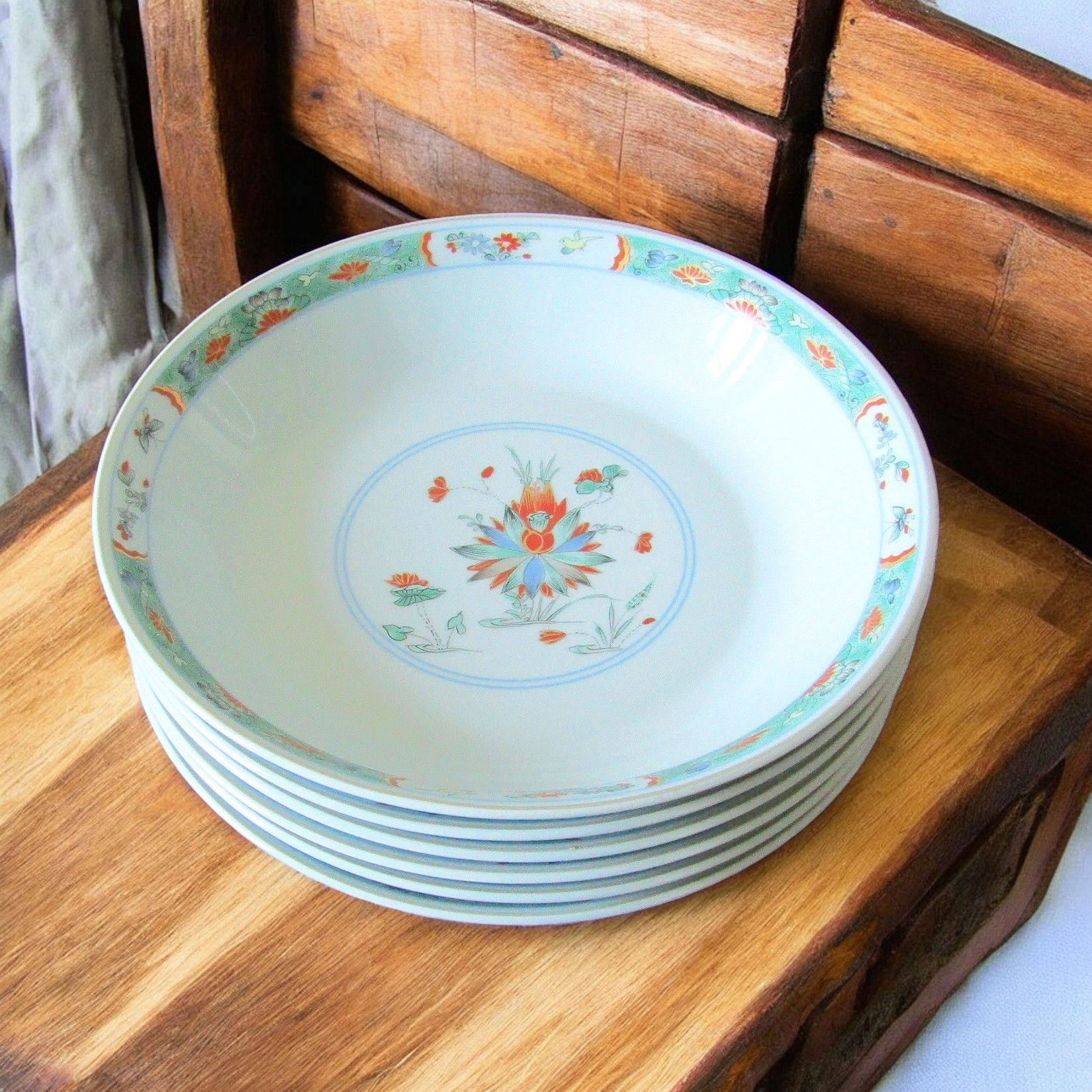 Limoges Raynaud 6 assiettes creuses porcelaine famille verte modèle Houang-Pou