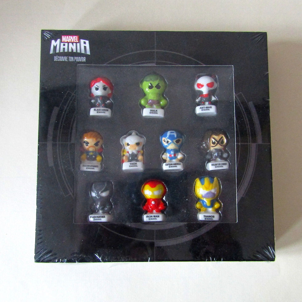 Collection de fèves brillantes Marvel Mania éditée par Arguydal en 2022, représentant Hulk, Thanos, Iron Man, Captain America