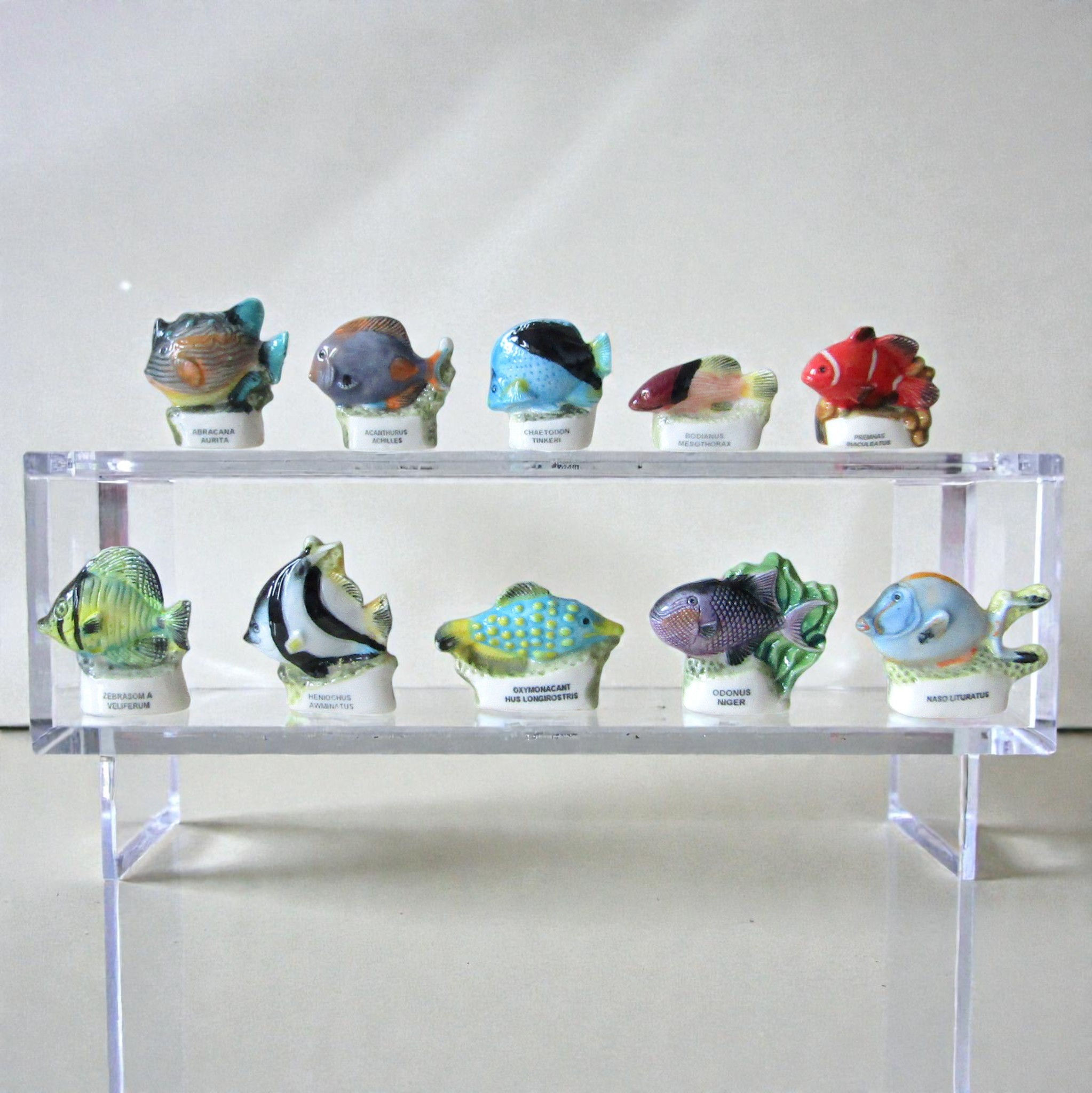 Série de 10 fèves en porcelaine brillante Éditions Alcara 1999 Merci mon commandant représentant des poissons tropicaux