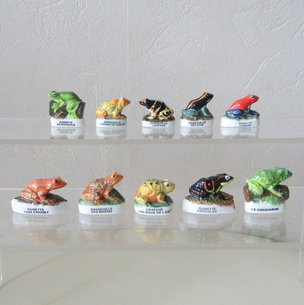 Série complète de 10 fèves brillantes en porcelaine représentant différentes espèces de grenouilles, rainettes et crapauds