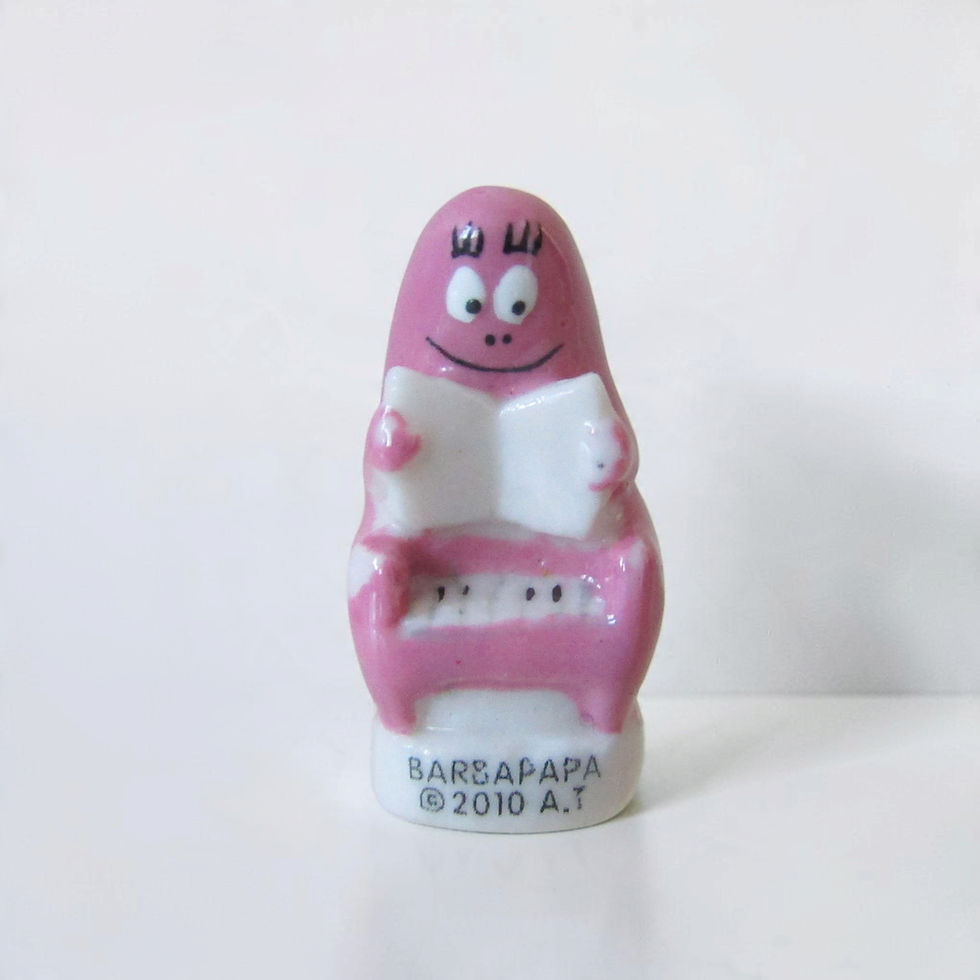 érie de 10 fèves brillantes Barbapapa des Éditions Alcara, année 2011, représentant les personnages Barbabelle, Barbamama,