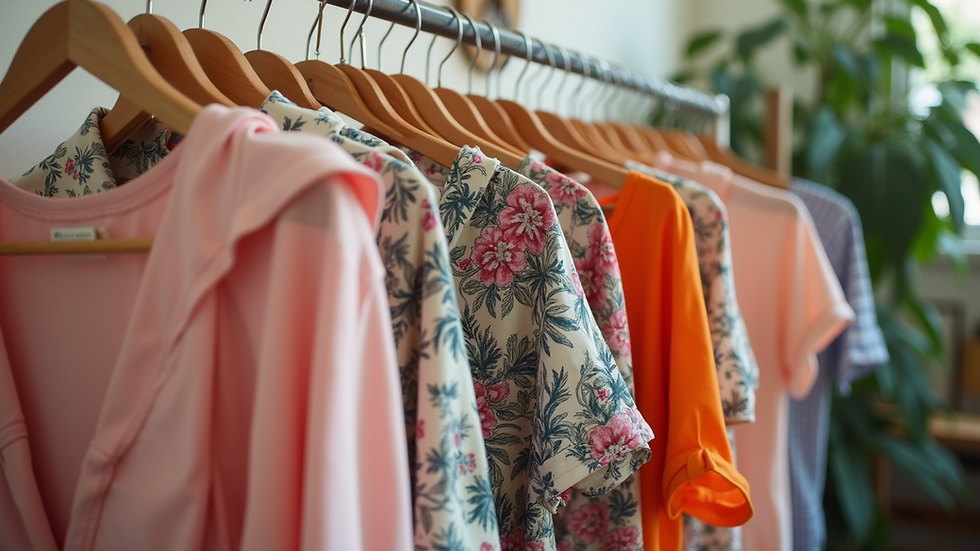 Eye-level view of a clothing rack displaying colorful vacation outfits