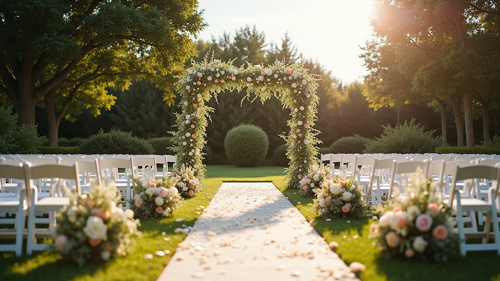 Wide angle view of a wedding ceremony setup outdoors with floral decorations