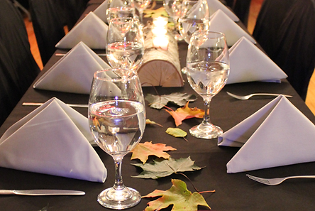 Tablecloth, chair covers, linens, glasswear, decoration