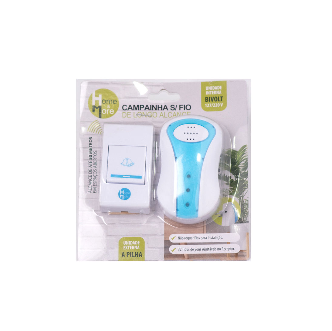 Campainha Sem Fio (Alcance 50m, Bivolt, 32 sons, Azul) - HOME & MORE