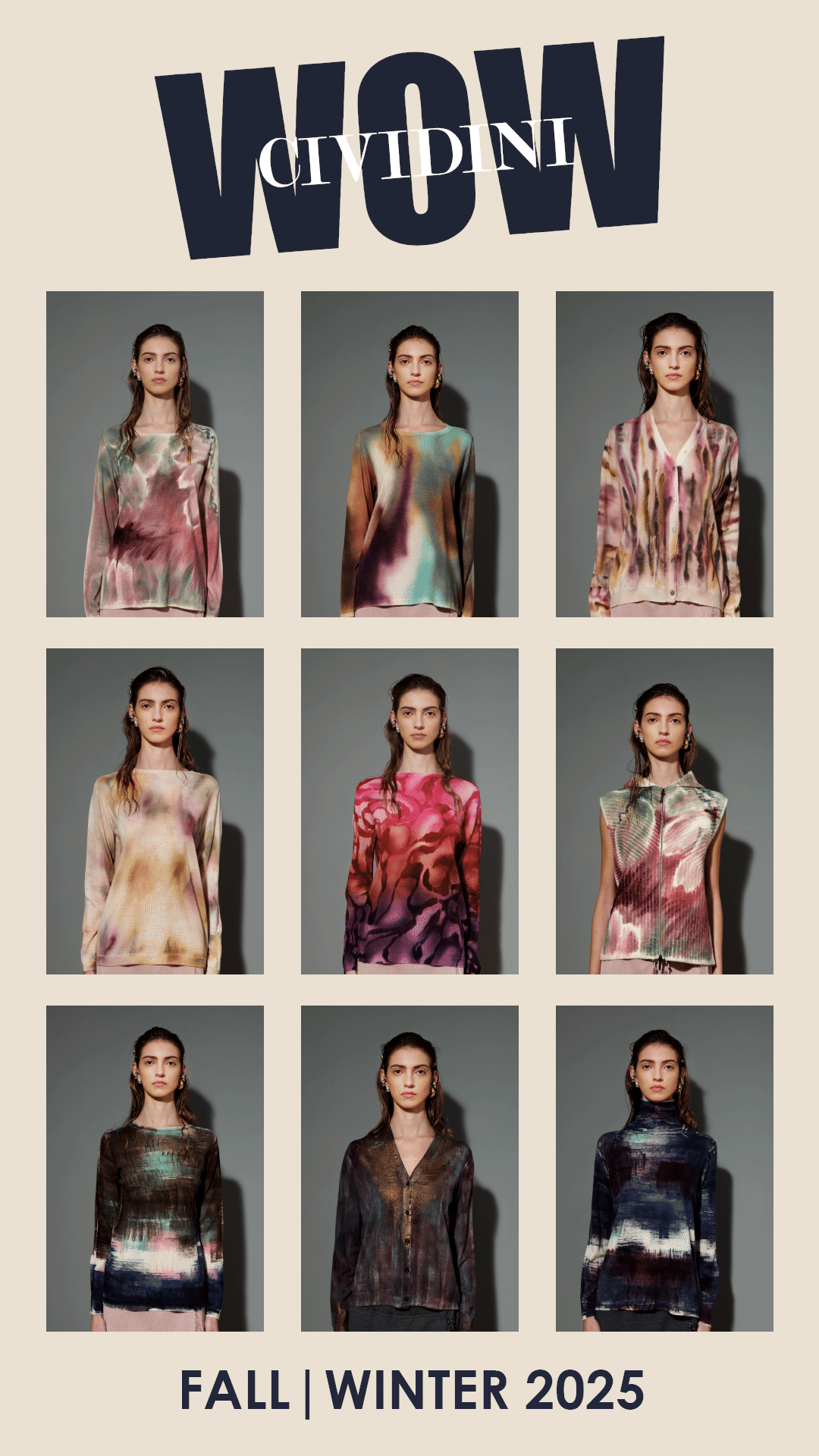 Cividini WOW Fall Winter 2025 collection gif, 9 styles on 1 page, rotating between the front of the model and the back of the model, showcasing interesting painted sweaters in pinks, beiges, and blues.