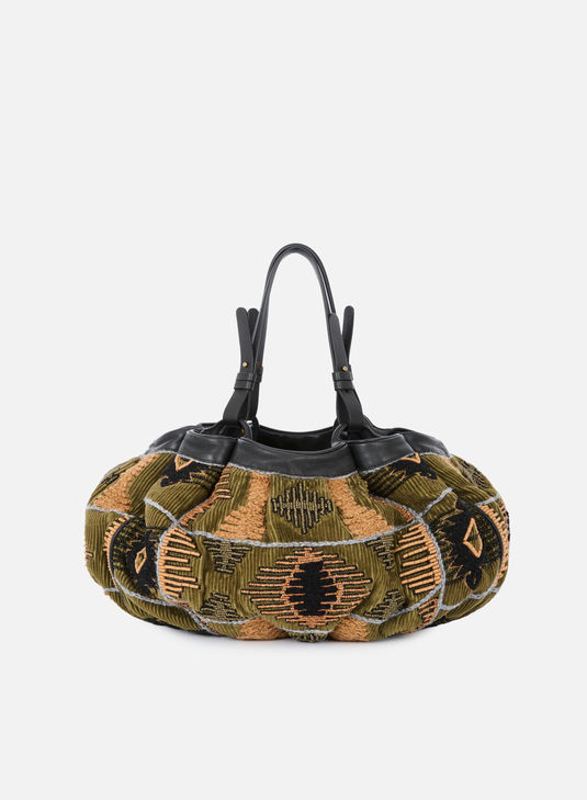 Puffed handbag with olive green, tan, and black patterns