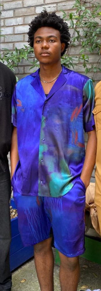 Thumbnail: Ife Navy Silk Custom Print Shirt and Shorts Co-ord