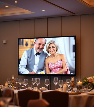 picture of a tv screen at a banquet party playing memories of married couples anniversary.