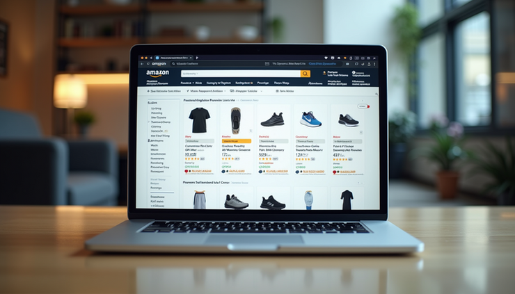 Eye-level view of a laptop screen showing Amazon seller central dashboard with product listings