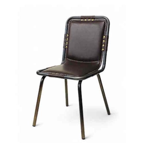 Metal Dining Chair with dark brown vinyl and button