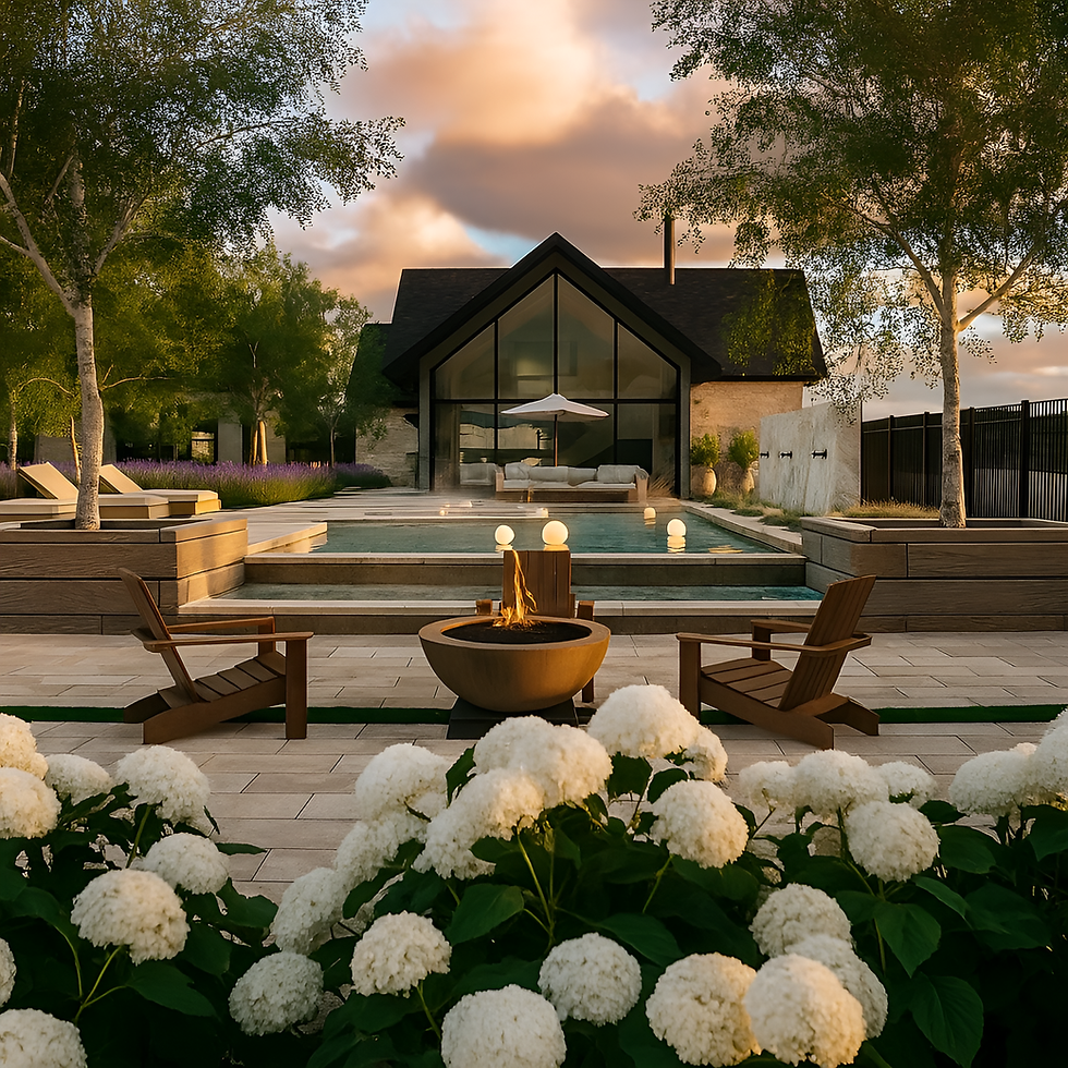 Modern backyard landscape design with fire pit and pool.