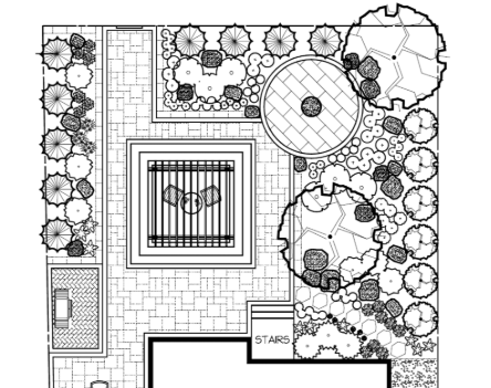 Top view landscape design blueprint with patio and trees.