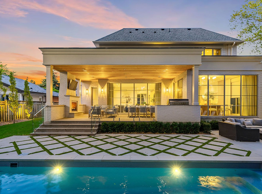 Modern backyard landscape design with pool and patio.