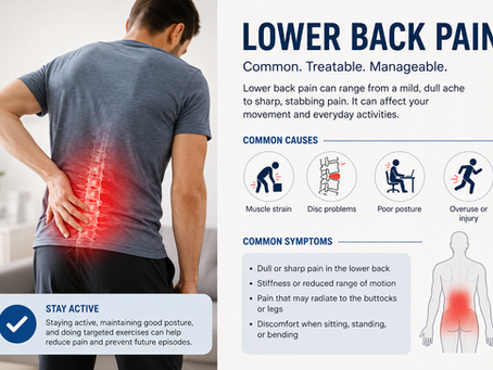 Lower back pain infographic showing common causes, symptoms, lumbar spine pain, back injury, sciatica and exercises for lower back pain relief.