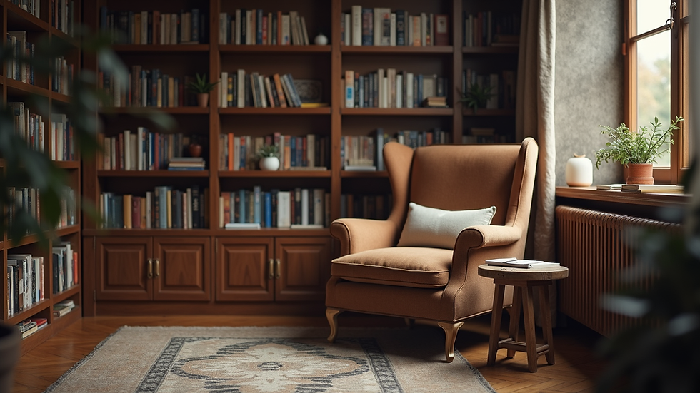 Eye-level view of a quiet reading nook with a cozy chair and bookshelf