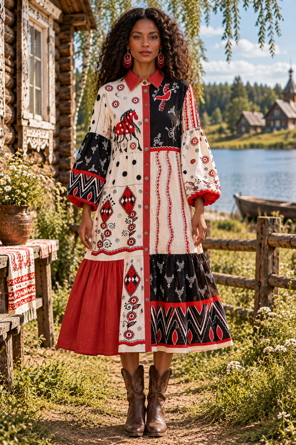 Mezen Horse Patchwork Cotton Dress – Hand-Painted Boho Folk Art Dress