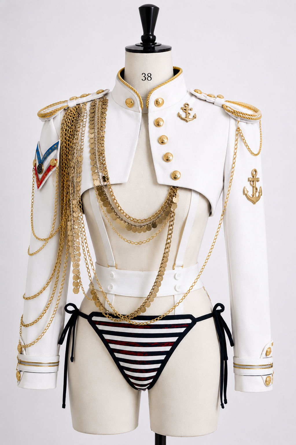 White Admiral Showgirl Costume with Gold Chain Military Jacket