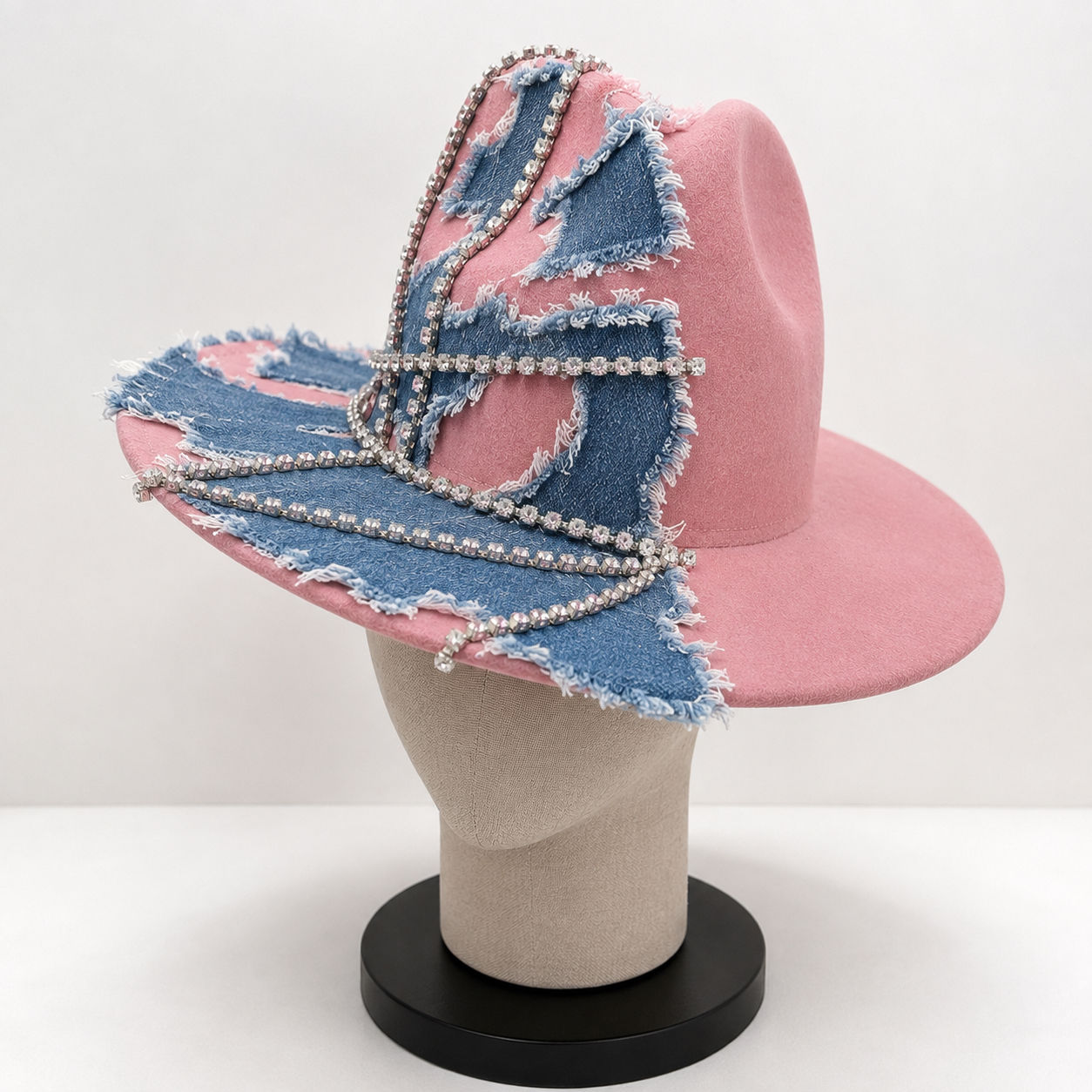Pink Cowboy Hat with Denim & Rhinestones – Western Statement Hat