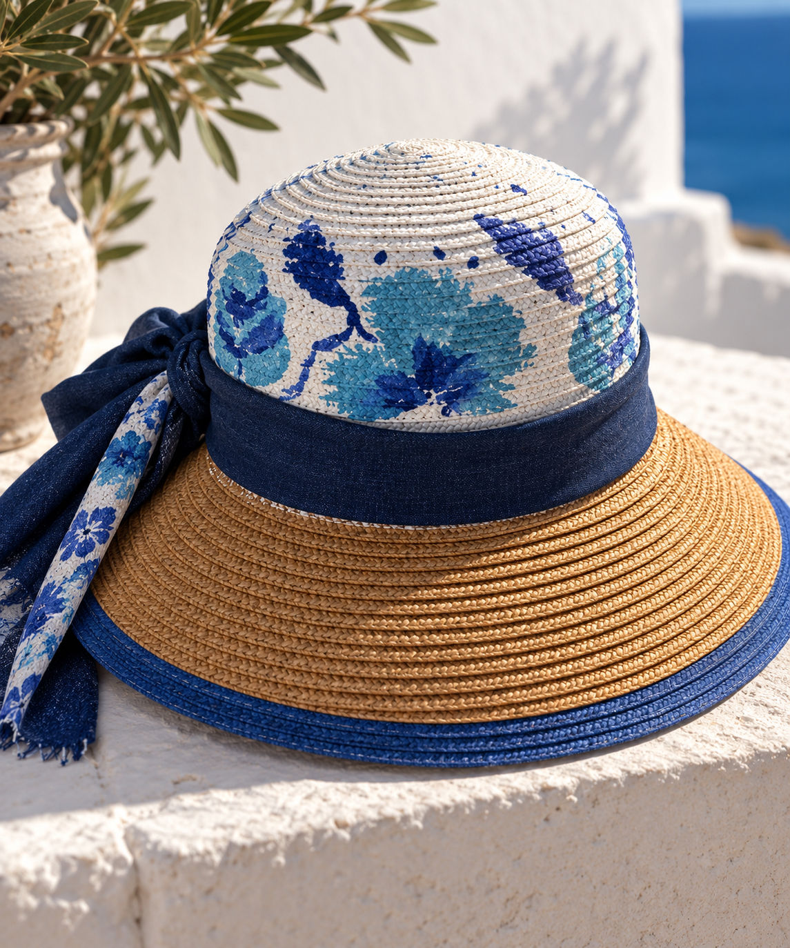 Greek Mediterranean Wide Brim Hat – Blue Floral Straw & Denim Sun Hat