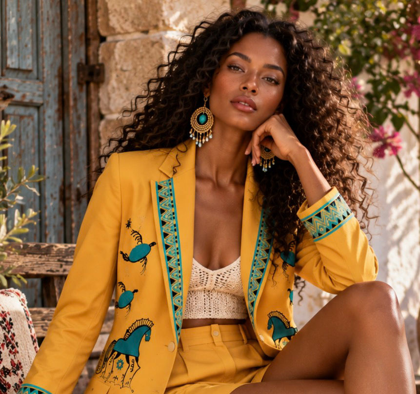 Mezen Horse Women’s Blazer & Shorts Set – Boho Folk Art Suit